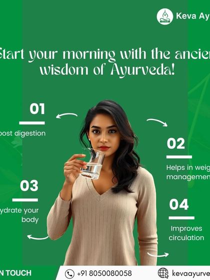 Starting your morning with warm water is a cornerstone of Ayurvedic wisdom. This graphic shows how this simple act can boost digestion, help in weight management, hydrate your body, and improve circulation.