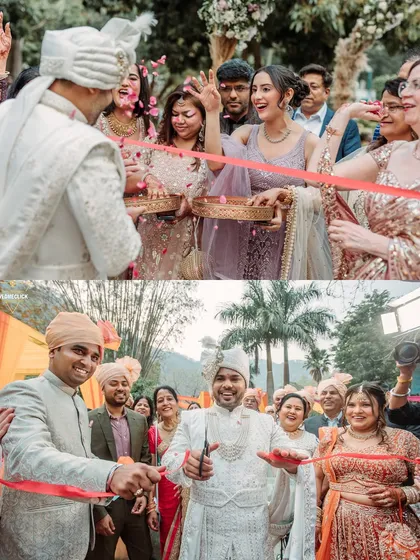 A collage of the ribbon-cutting ceremony, a fun and traditional part of welcoming the groom, filled with laughter and joy.