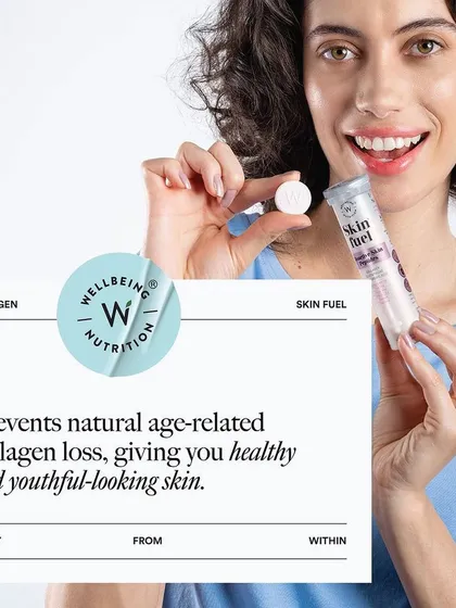 Capturing the youthful energy of Wellbeing Nutrition's 'Skin Fuel' product. This lifestyle image shows a model interacting with the product, creating a relatable and positive association for potential customers.