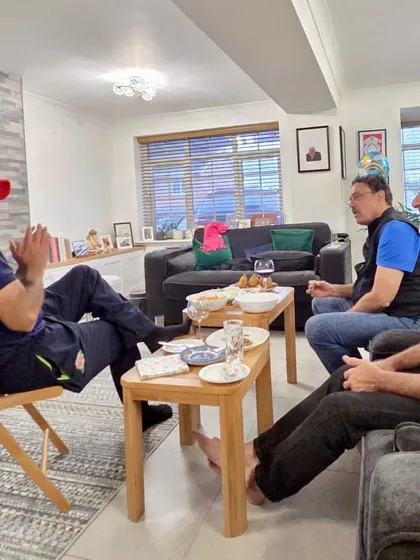 An evening discussing cricket strategy with former fast bowlers Rashid Patel and R.P. Singh. The learning on tour continues long after the stumps are drawn for the day.