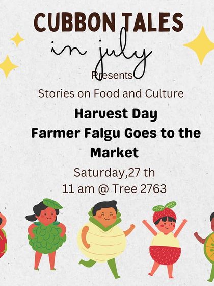 The poster for our 'Delectable July' series, where we read stories about food and culture, sometimes featuring guest readers who share their culinary tales.