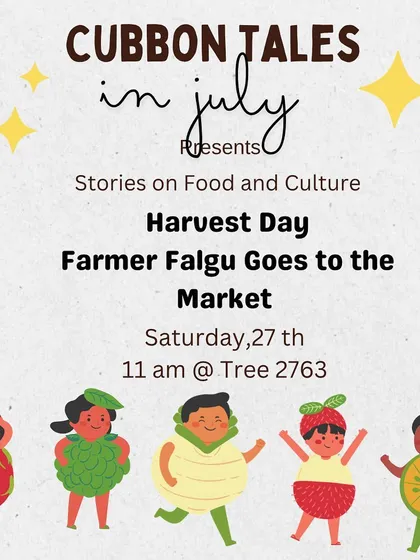 The poster for our 'Delectable July' series, where we read stories about food and culture, sometimes featuring guest readers who share their culinary tales.