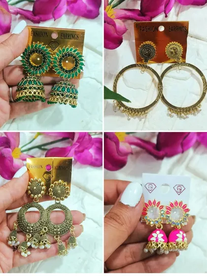 We offer a range of earring bezels perfect for festive or traditional designs. This image shows jhumkas with green enamel work and large chandbali-style bases, ideal for making statement pieces.