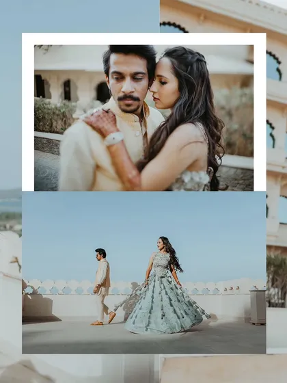 A collage of stylish couple portraits from a destination Haldi in Udaipur, showcasing their elegant outfits.