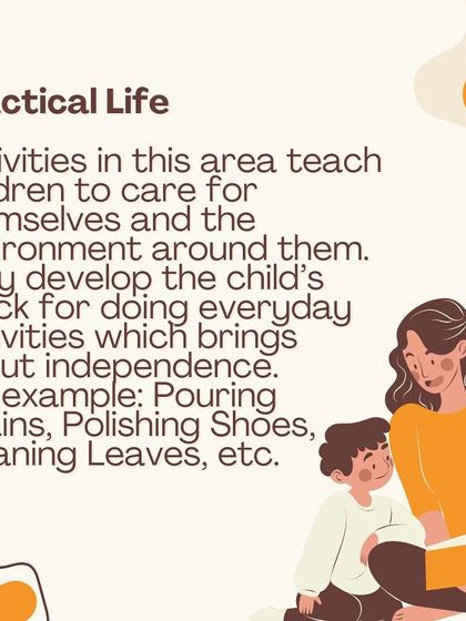 An infographic explaining Practical Life activities, which teach children to care for themselves and their environment, fostering independence through everyday tasks.