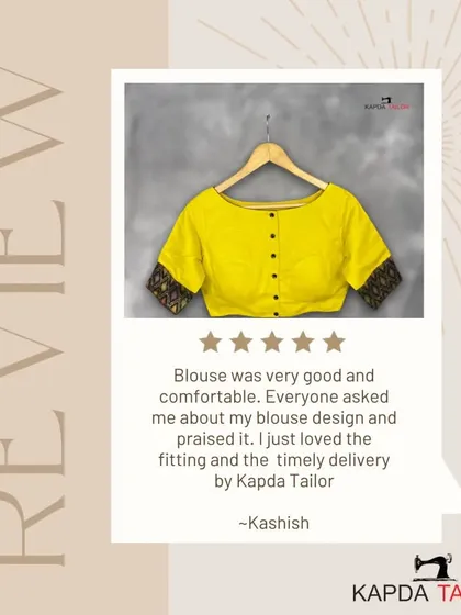"I just loved the fitting and the timely delivery." Thank you, Kashish, for your kind words. I take pride in ensuring every blouse is perfect and reaches you on time.