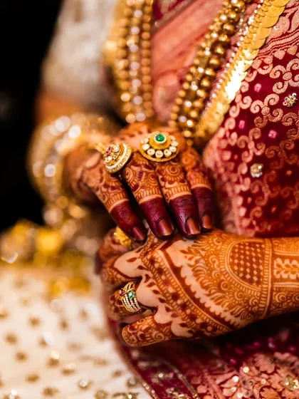 The result of my homemade, organic henna paste. This deep, rich bridal stain is what I'm obsessed with, shown here beautifully accessorized with the bride's wedding jewelry.