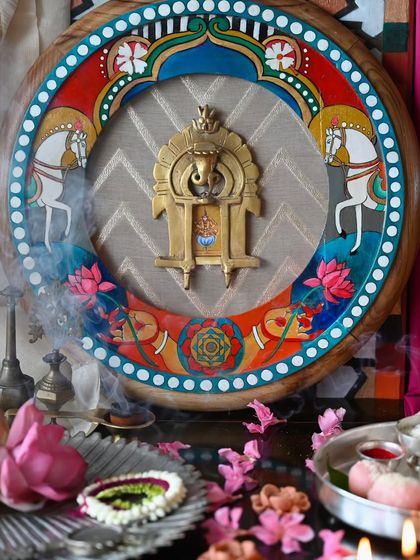 The Shukra (Venus) frame, set in a beautifully arranged puja. The artwork features his white horse mount and scented Parijata flowers, symbolizing purity, indulgence, and the sensual pleasures he governs.