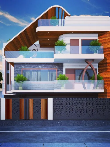 A frontal view of the private villa, emphasizing the dramatic sweep of the roofline and the interplay between solid and transparent surfaces. The CNC-cut pattern on the gate adds another layer of modern detail.