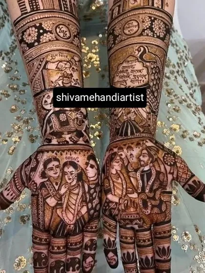 A family-focused design with portraits of the couple with their parents on the palms. The forearms include wedding mantras and traditional symbols.