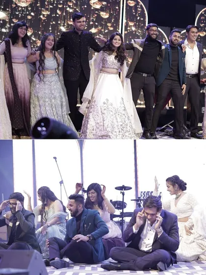 The entire group of performers on stage for a grand finale. A perfect end to a series of amazing Sangeet dances.