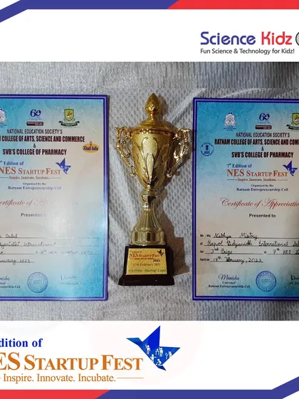 The trophy and certificates our students won at the NES Startup Fest. They secured 3rd rank for their "Solar Sphere" project against 104 entries in an open-age category, a huge achievement for their age.