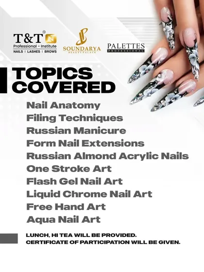 A list of the advanced topics covered in our Hyderabad workshop. We go deep into techniques like Russian Almond nails, One Stroke Art, and Aqua Nail Art.