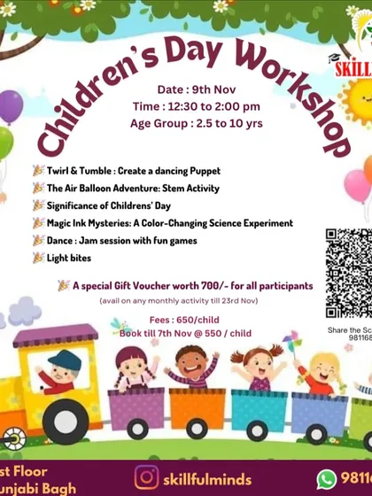 Our Children's Day workshop poster, packed with activities like creating a dancing puppet, a color-changing science experiment, and a fun jam session. A special gift voucher was included for all participants.
