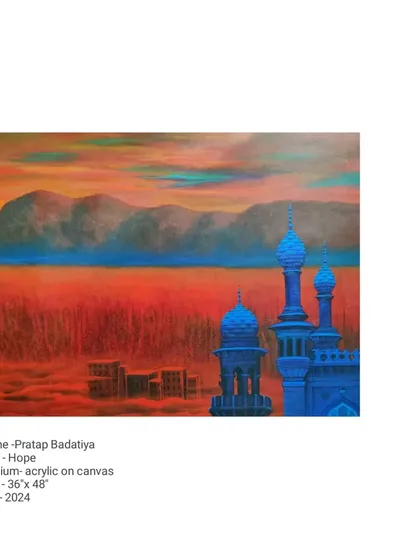 'Hope,' a 36 by 48-inch acrylic on canvas, presents a surreal landscape where traditional architecture emerges from a barren, red earth. It is a visual metaphor for the endurance of culture and the possibility of renewal even in the harshest conditions.