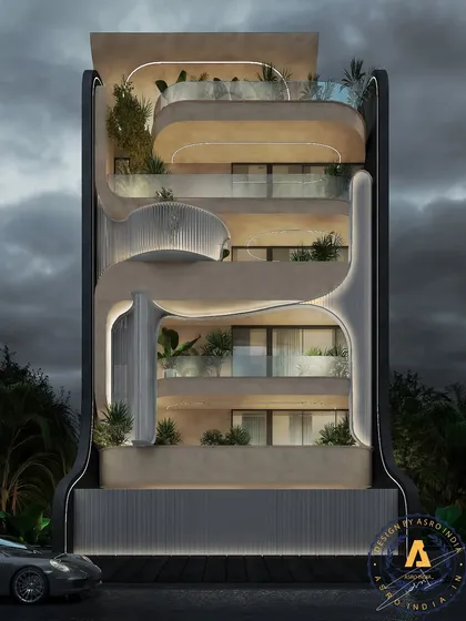 The facade of this 300-sq-yard project in Delhi features flowing lines and curves that create a seamless architectural masterpiece. Expansive balconies and full-ceiling glass windows blur the boundaries between the indoors and outdoors.