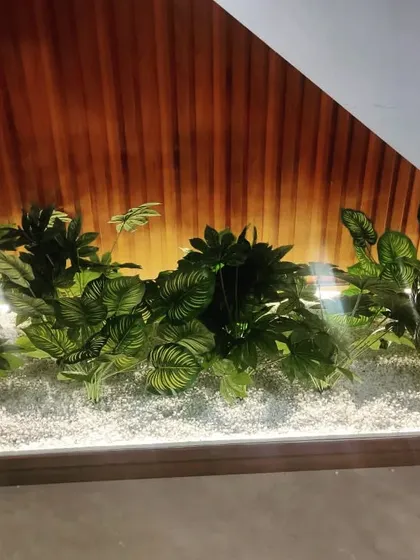 We specialize in finding creative solutions for underutilized spaces. Here, we transformed the awkward area under a staircase into a beautiful, illuminated dry garden bed filled with a variety of artificial plants, turning a forgotten corner into a highlight.
