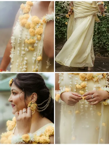 Details make the story. This collage focuses on the intricate floral jewelry, the bride's elegant outfit, and her serene profile during the Haldi ceremony.