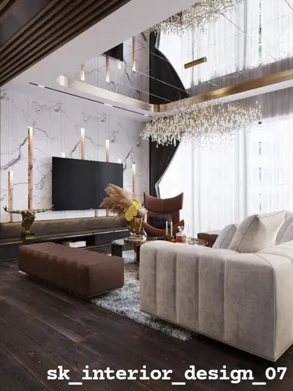 Another view of the opulent living space, showing the comfortable sectional sofa and the interplay of light from the large windows and the mirrored ceiling.