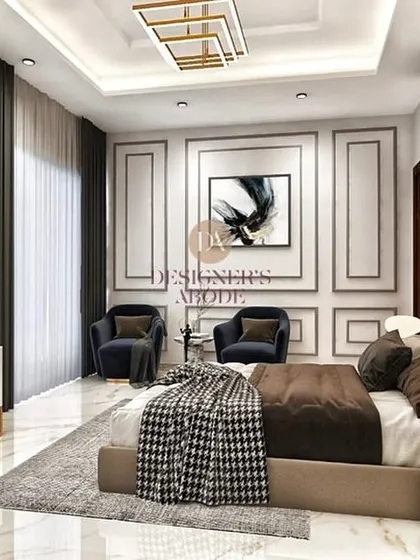 Your master bedroom should be a personal sanctuary. We designed this space using 3D visualization to perfect every detail, from the monochrome color scheme and feature walls to the bespoke accent chairs, ensuring a perfect blend of modern luxury and tranquility.