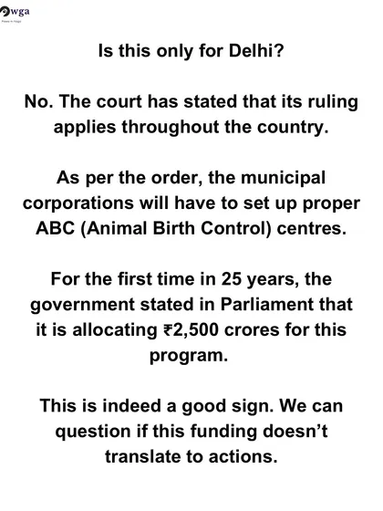 We clarify that the SC ruling applies nationwide and highlight a positive sign: the government's allocation of funds for the Animal Birth Control (ABC) program. We must ensure this translates to action.