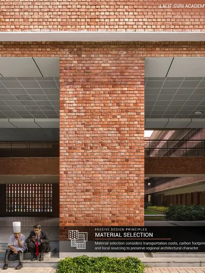 The use of locally sourced brick at the Lalit Suri Academy is a key part of our material selection process. This approach reduces transportation costs and carbon footprint while preserving the regional architectural character.