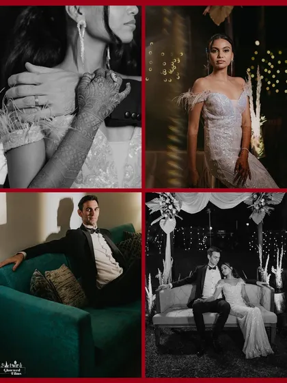 A collage of stylish portraits from the cocktail night, including solo shots of the bride and groom and romantic couple poses.