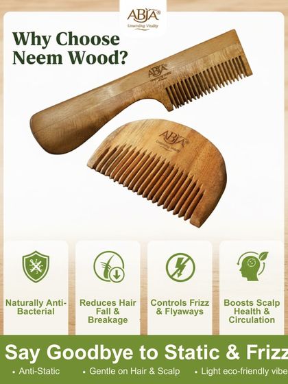 Why choose Neem wood? This graphic explains its benefits: naturally anti-bacterial, reduces hair fall, controls frizz, and boosts scalp health.