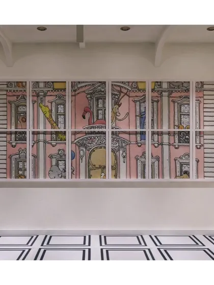 This whimsical artwork is cleverly integrated into a foyer design. The black and white patterned flooring creates a bold graphic contrast, making a memorable first impression.