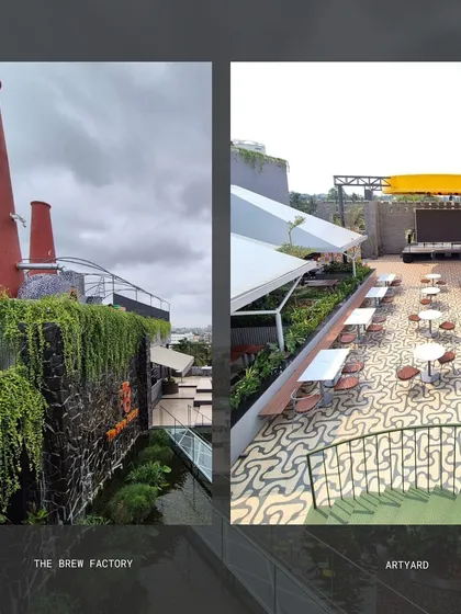 This split view shows the landscape transformation at The Brew Factory. On the left, you see the lush green wall and water feature at the entrance, creating an impressive arrival experience. On the right is the expansive rooftop terrace with patterned flooring and organized seating, designed for high footfall and events.