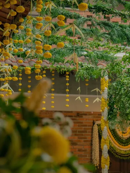 I love creating canopies that feel both grand and natural. Here, we used strings of golden marigolds and fresh mango leaves to design a traditional yet airy ceiling for an authentic South Indian wedding ceremony.