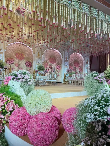 A beautiful composition showing the floral spheres along the aisle, with the grand mandap in the background. This perspective highlights the layers of our design.