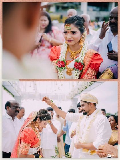 The first look and the moment the groom places the jeerige bella on the bride's head, a key ritual in Kannada weddings.