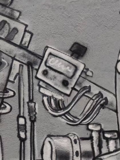 Another close-up, this time focusing on the wires, dials, and machine parts. I enjoy creating these detailed mechanical letters and structures, a style known as "mechanicalletters" in the graffiti world.