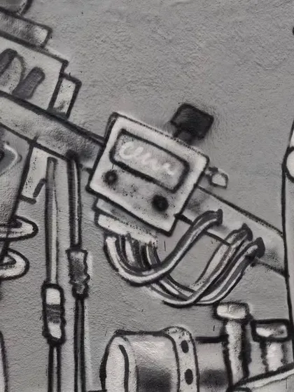 Another close-up, this time focusing on the wires, dials, and machine parts. I enjoy creating these detailed mechanical letters and structures, a style known as "mechanicalletters" in the graffiti world.