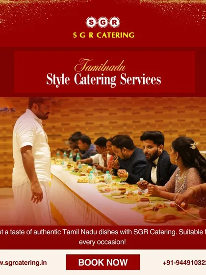 Get a taste of authentic Tamil Nadu dishes with our catering, suitable for every occasion. This image shows guests enjoying a traditional seated meal on banana leaves, a hallmark of our service.