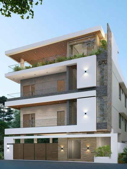 This facade design concept emphasizes verticality and a mix of materials, including concrete, stone cladding, and wood accents. The result is a modern building with a strong, dynamic presence.