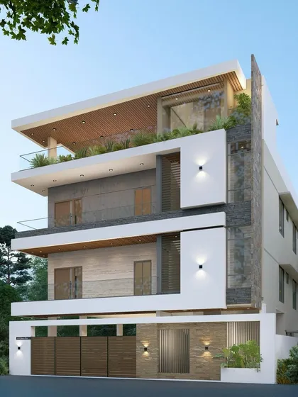 This facade design concept emphasizes verticality and a mix of materials, including concrete, stone cladding, and wood accents. The result is a modern building with a strong, dynamic presence.