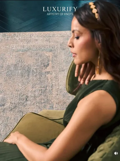 Fashion styling for a luxury home decor brand. I created a serene and sophisticated mood, styling the model in an elegant olive green dress that complements the texture of the carpet and the overall aesthetic of the space.