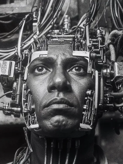 Another portrait of the 'wirehead', showing the crude and painful-looking integration of technology with the human form.