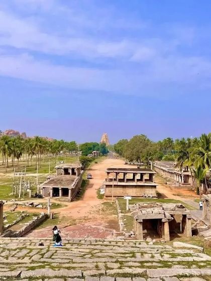 The Hampi Bazaar street leading up to the Virupaksha Temple, once a bustling market and now a path through history.