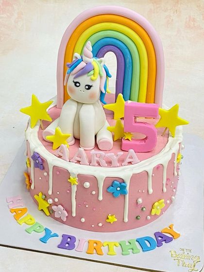 Another look at this adorable rainbow unicorn cake, showing the colorful details and fun lettering.