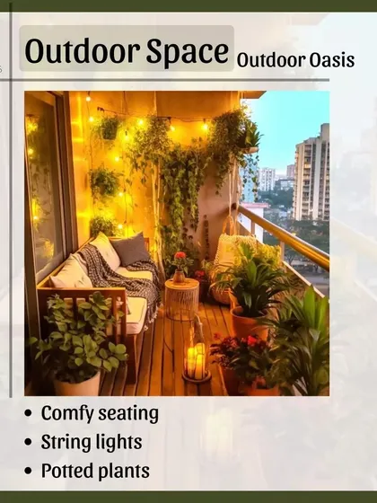 Create your own outdoor oasis on a balcony or patio. Add comfy seating with outdoor cushions, hang some string lights for evening ambiance, and fill the space with potted plants.
