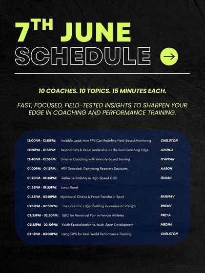 The schedule for our Coaching Sprints workshop shows the breadth of topics we cover in a single afternoon. From RPE and velocity-based training to female athlete health and GPS tracking, each 15-minute slot is a concentrated dose of expert knowledge.
