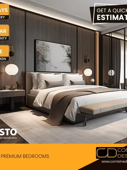 This graphic for premium bedrooms features a dark, moody design with wood paneling and soft, ambient lighting.