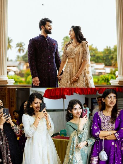 Capturing the couple's moment on the balcony while their friends and family watch from below.