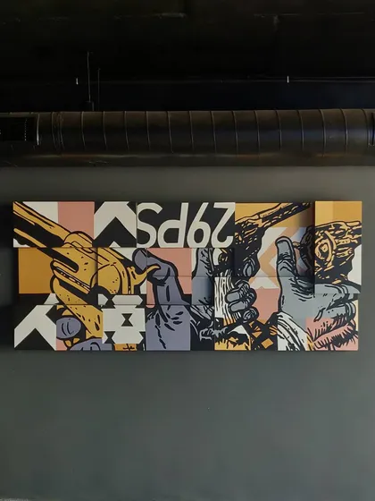 This multi-panel pop art installation was for a new lounge in Mysore. We used a bold, graphic style with a limited color palette to create a high-impact piece of wall decor that completely defines the space.