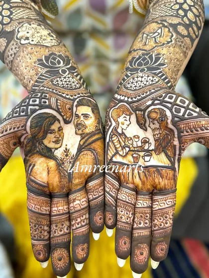 A clear, bright shot of the finished portrait mehndi, showcasing the clean lines and detailed expressions.