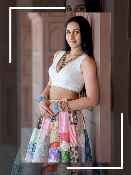 A close-up portrait showing the versatility of the patchwork lehenga, perfect for a relaxed yet stylish look.
