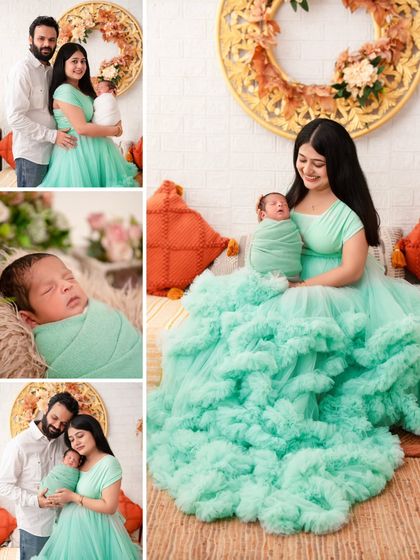 A beautiful collage showcasing multiple moments from one family's session, including group portraits and a close-up of the sleeping baby. We offer these storyboards to provide a complete narrative of your newborn's first photoshoot.